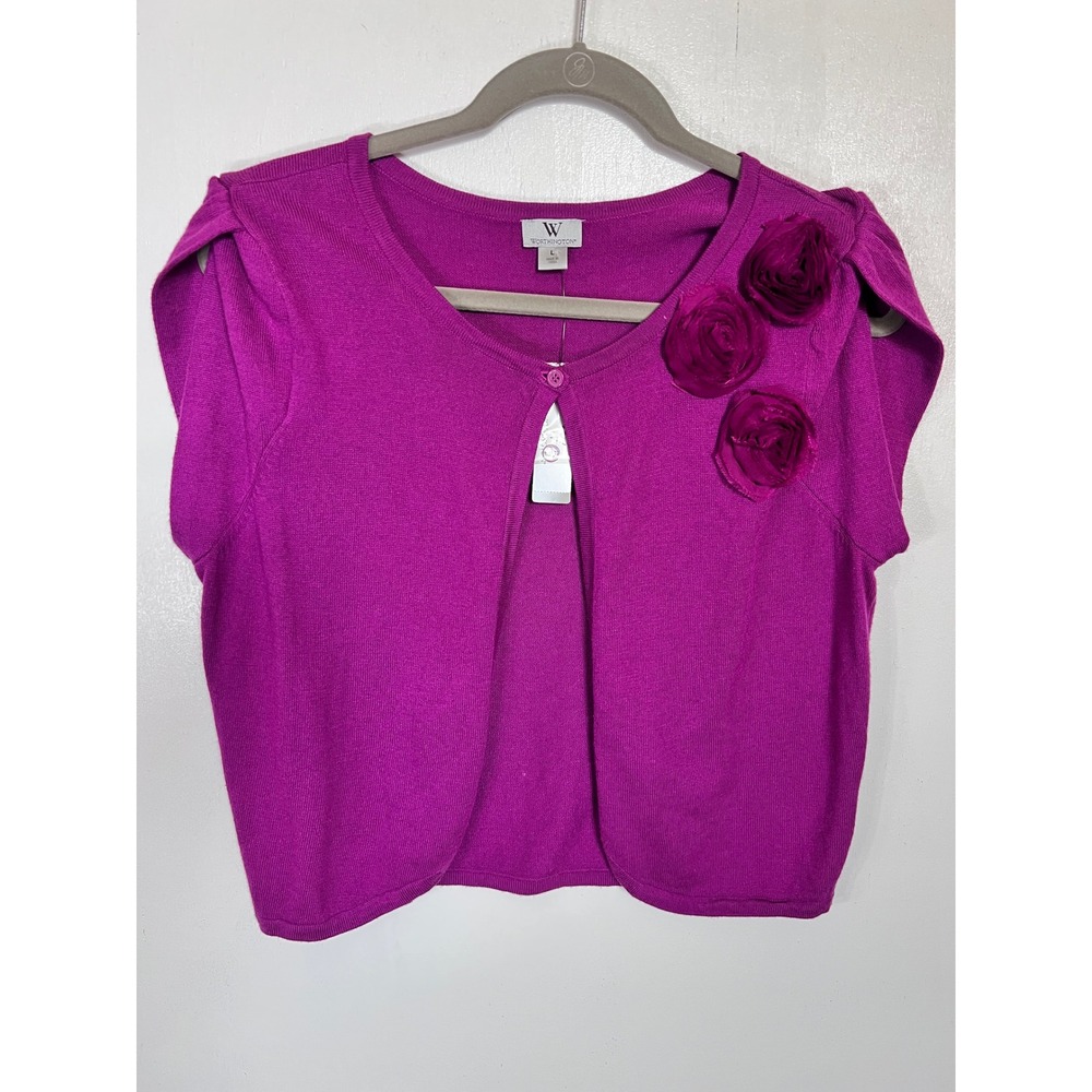 Worthington Magenta Rosette Cropped Cardigan Shrug Purple Short Sleeve Large NEW